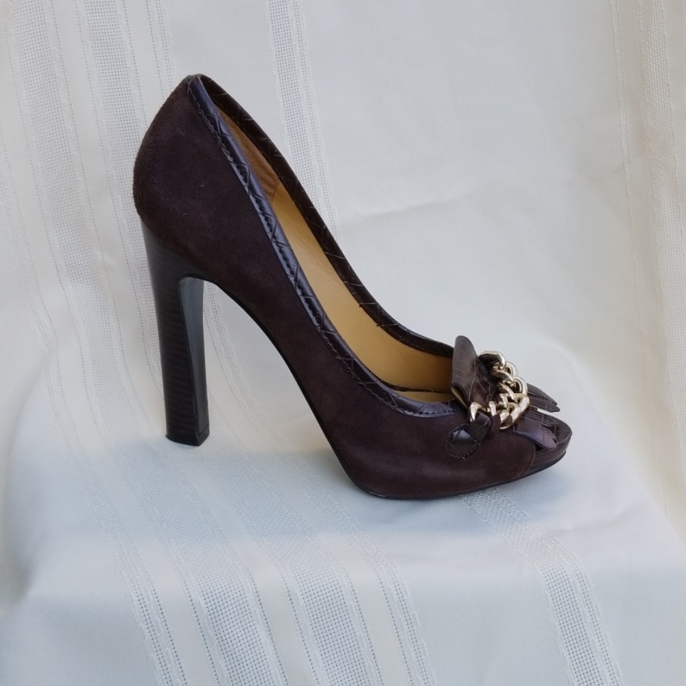 Brown Suede Nine West Peep Toe Heels